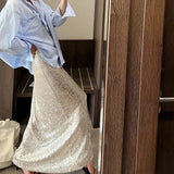 Pbong  Women's Party Clubwear Glitter Shiny Sequined Elastic Waist Spring Summer Vintage Straight Long Skirts Streetwear