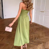 Elegant Strapless High Waist Evening Dress Green Slim Pleated Women's Long Dresses Sexy Hollow Sleeveless Cocktail Dress