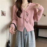 Flower Applique Knit Cardigan Autumn Winter Women Cardigan Sweater Coats Long Sleeve Crop Knitted Jackets Cute Outfit