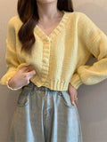 Sexy Cropped Sweet Cardigan Women V Neck Vintage Slim Long Sleeve Knitted Sweaters Korean Causal Simple Solid Lady Fall Tops New