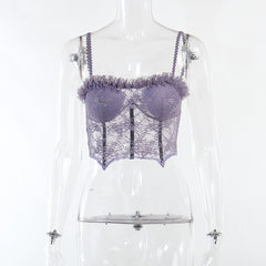 Gothic Lace See Through Corset Tank Women Tube Tops Camisole Purple Cropped Top Sexy Vintage Aesthetic Skinny Vest