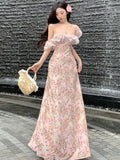 Women Sexy Slash Neck Holiday Flower Print Maxi Dresses Summer Ruffles Sleeve Slim Dress Elegant Backless Long Robe Vestidos New