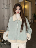 Faux Suede Lamb Jackets Women Winter Warm Thick Sweet Cute Short Coat Korean Vintage Loose Long Sleeve Preppy Style Tops