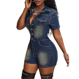 Sexy Denim One Pieces Bodycon Rompers Womens Streetwear Y2k Club Fashion Outfits Pockets Button Washed Jean Shorts Jumpsuit