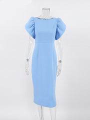 Elegant Blue Bodycon Dresses Women Puff Sleeves Ruched Long Dress Round Neck Office Ladies Split Dress Fashion