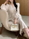 Autumn Elegant Bodycon Print Midi Dresses for Women Lantern Sleeve V-Neck Lace-up Mermaid Evening Party Dress Robe Vestidos New
