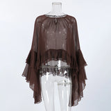 Pbong  Chiffon Loose Shirt For Women Sexy See-Through Ruffles Sleeve Blouse New Summer Chic Fashion Solid Casual Round Neck Shirts
