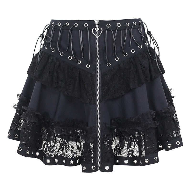 Streetwear Gothic Lace Skirt Women Emo Alternative Y2k E-girl Lolita High Waist Skirt Harajuku Grunge Clubwear Female
