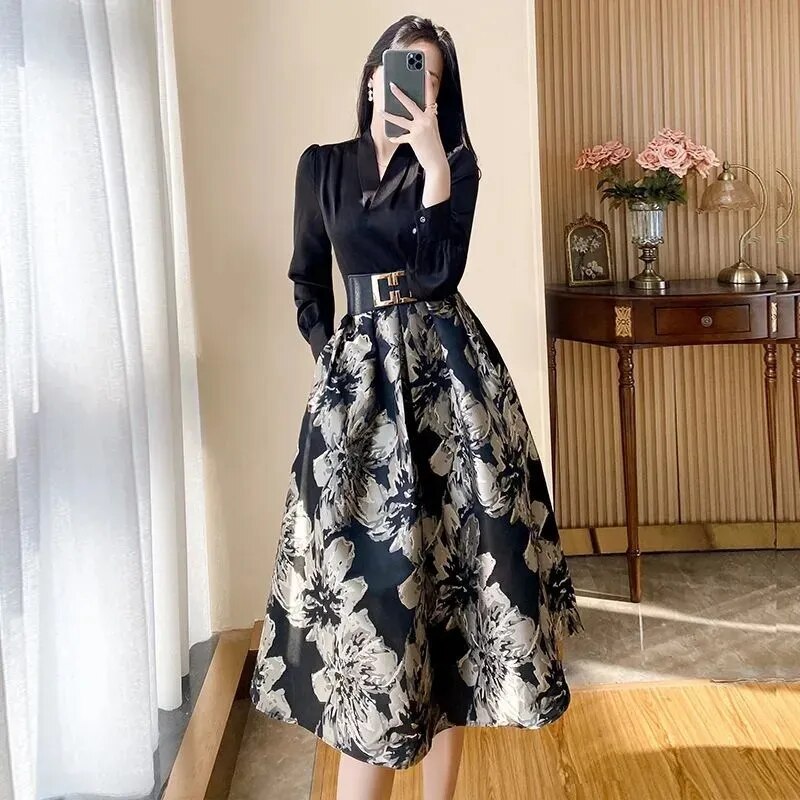 Women's Printed Dress Autumn New Luxury Celebrity Temperament French Fake Two Piece Long Sleeve Dress Female