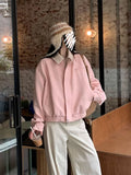 Pink Faux Suede Jacket Women Sweet Long Sleeve Vintage Streetwear Baseball Coat Fall Casual Retro American Y2K Lady Outwear