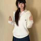 Preppy Style Women Knitted Pullovers Vintage Japanese Style White Hooded Sweaters JK Female Oversized Fashion Pullovers