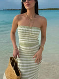 2025 New Tube Top And Long Skirts Knitting Vacation Summer Outfits Stripe Strapless Tank And Tight Skirt Sexy Beach 2 Piece Set
