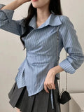 Fashion Slim Striped Shirt Women Elegant Korean Long Sleeve Blouse Casual Irregular Female Spring Sweet Chic All Match Top