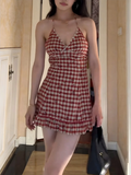 Red Plaid V-neck Strapless A-line  Dress Women's Spring Slimming Fit Casual Style No Brand Soft Medium Elastic