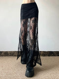 Side Slit Lace Skirts For Women Summer New See Through High Waist Skirt Ladies Black Casual Loose Sexy Skirts Woman