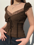 Lace-up Lace Patchwork Y2K Top Short Sleeve Summer Casual Cute Clothes Vintage Tank Tops Coquette T-shirt Women Tees
