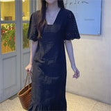 Flower Embroidery V-neck Straight Long Dress White Hollow Out Vacation Short Sleeve Dress Casual Female Clothing 2025 New