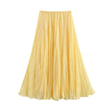 Pbong  Women Crinkle A-line Midi Butter Yellow Skirt Elastic Waist Spring Summer Holiday Elegant Skirts New faldas mujer