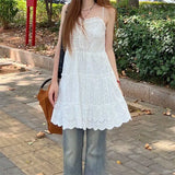 Pbong  White Lace Embroidery Hollow out A-Line Dress Korean Style Slimming Layering Belted Skirt High Waist Commute Style Spring Casual