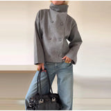 Solid High Neck Double Button Topcoat Dropped Shoulder Loose 2025 Autumn Short Elegant Jacket Women Urban Casual Lady Outerwear