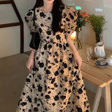 Pbong  Ele Hepburn Sle Floral Print Bubble Sve Midi Dr round Ne Godd Aosphere New Street Faion Queen Dr