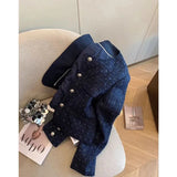 Women's Short Jacket 2025 Spring Autumn Navy Blue Fashion Lady Outerwear Temperament Long Sleeve Ladies Small Fragrant Coat