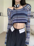 Y2K Harajuku Striped T-shirts Women Crop Tops Vintage Streetwear Sexy Sweet Casual E Girl Long Sleeve T-Shirts Fashion