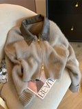 Leather Collar Knit Sweater Fashion Double Zipper Cardigan Women's Autumn/Winter New Soft Vintage Long Sleeve Streetwear