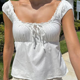 Women Fairy Grunge Babydoll Tops Y2k Lace Trim Short Sleeve T-shirt Korean Aesthetic Cute Square Neck Crop Top Milkmaid Blouses