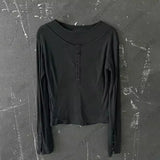 Pbong  Japanese Vintage Spliced Fake Two Piece Y2k Harajuku Solid Half Buttons Long Sleeve Commuter T Shirt High Street Casual Punk Top