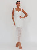 Mesh Backless Sexy Maxi Dress For Women Gown Two Layer Spaghetti Strap Sleeveless Ruched Bodycon Club Party Dress