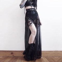 Harajuku Punk Black Hollow Out Skirt Y2K Goth Grunge Patchwork Eyelet Split Long Skirt Summer Sexy Night Club Skirt