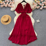 Pbong  Chiffon Solid Bohemian Maxi Dress Sexy Backless Bandage Vacation Outfits Summer Dress Elegant Two Layers Party Vestidos