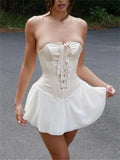 Vintage Strapless Bandage Corset Mini Dress for Women Elegant Sleeveless Off-Shoulder Patchwork Short Party Dresses