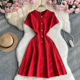 Sweet Lapel Single Breasted Short Dress A-line Rib Knitting Women Dress Solid Color Chic Elegant Dress 2025 New Female Clothing