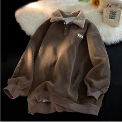 Women Vintage Harajuku Hoodies Oversized Plus Velvet Thickened Corduroy Button Sweatshirts Pullover Warm Contrasting Polo Hoodie