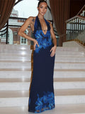 Deep V Neck Print Sexy Maxi Dress Women Gown Blue Halter Sleeveless Backless High Waist Split Long Dress Clubwear