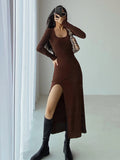 Pbong  Maxi Split Dresses for Women Solid Color Chic Temperament Robe Femme Slim Fit Square Collar Spring Dress