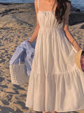 Pbong  White Strapless Summer Dress Women's Chic Loose Waist Long Skirt Korean Style Commute Pure Color Holiday A-Line Gown