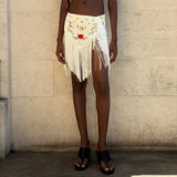 Floral Embroidery Fringe Wrap Mini Skirt Low Rise Self Tie Asymmetrical Hem Spring Summer Festival Women Boho Party Outfit