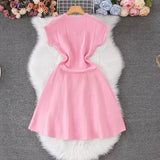 Pbong  Chic Fashion Slim Waist A-line Knitted Dress  New Summer Elegant Double-breasted Party Dress Korean Outfits Vestido