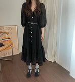 Hook Embroidery Puff Sleeve Spring Long Dress Korea Chic Lace V-neck Button 2025 New Dress A-line Hollow Beige Female Clothing