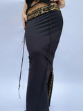 Contrast Leopard Print Slim Split Elegant Sexy Black Long Skirts Womens Vacation Outfits