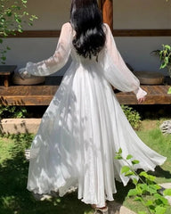 Elegant Maxi Dresses For Women White Off Shoulder Puff Long Sleeve Elastic High Waist Party Gown Ruffle Holiday Dress