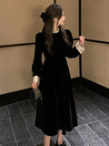 Sweet Woman Party Dresses Korean Vintage Velvet Black Dress Patchwork Robe Elegant Clothes All Match Pearl Vestidos Mujer