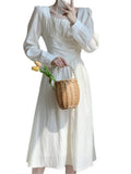 Autumn Women White Solid Long Sleeve Long Dress Elegant A-line Sweet Dresses Vintage Casual Birthday Vestidos Female Clothes