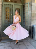 Women Sweet Pink Plaid Print Pleated A-line Dress Sexy Backless V-neck Lace-up Halter Dresses 2025 New Evening Party Club Robes