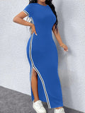 Pbong  Black Slim Fit Round-Neck Maxi Dress with White Stripe Trim and Side Slit