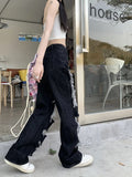 Pbong  Hip Hop Hole Jeans Women Y2K Streetwear Harajuku Hollow Out Denim Pant American Retro High Waist Female Straight Trousers