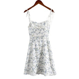 Fashion Blue Floral Print Short Dress Elastic Chest Zipper Party Beach Slip Dress 2025 New Square Collar Sweet Chic Vestidos